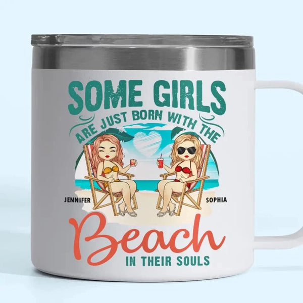 Beach Girls: Born to Shine by the Shore – Personalized 14oz Stainless Steel Tumbler with Handle for Best Friends – For Best Friends & Sisters