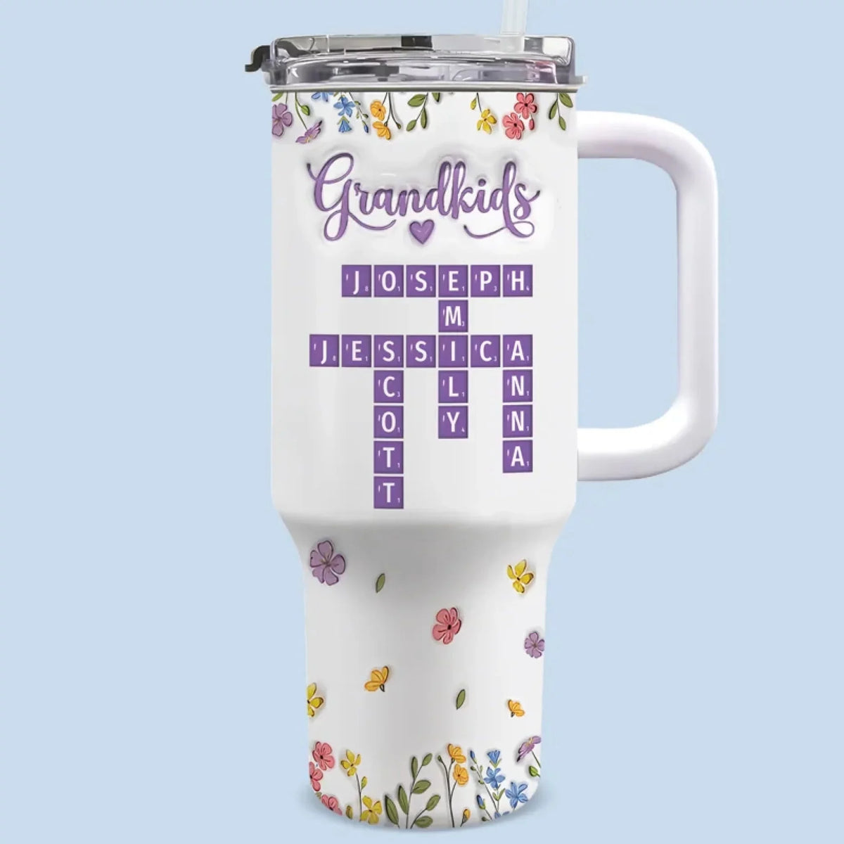 Crosswords of the Heart - Family Name Customized 40Oz Insulated Tumbler with Handle - Mother's Day, Gift For Mom, Daughter