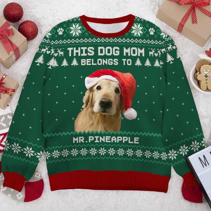 Custom Photo Proudly Owned by My Dog - Personalized Unisex Ugly Christmas Sweater, Full-Print Wool Sweatshirt, Holiday - Gift For Pet Lovers, Pet Owners, Christmas Gift