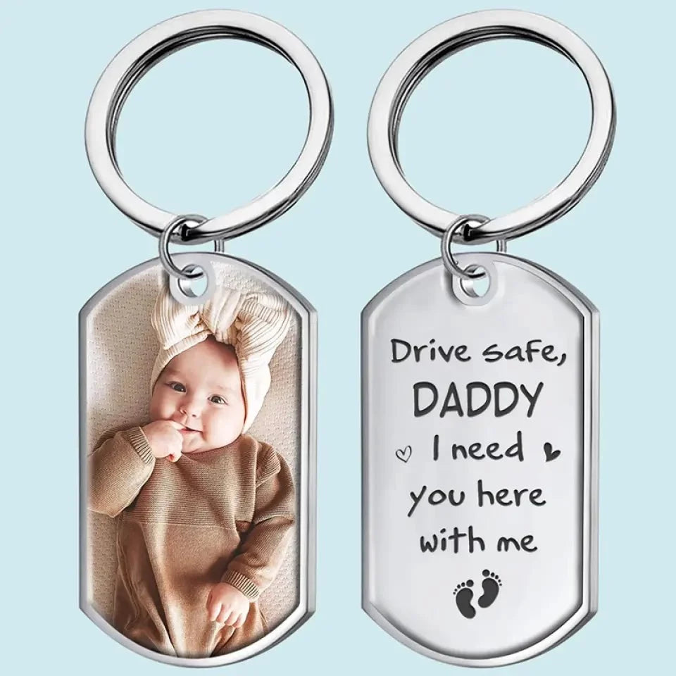 Custom Photo Daddy, Stay Safe for Us - Family Personalized Custom Keychain - Gift For Dad, Grandpa, Father's Day
