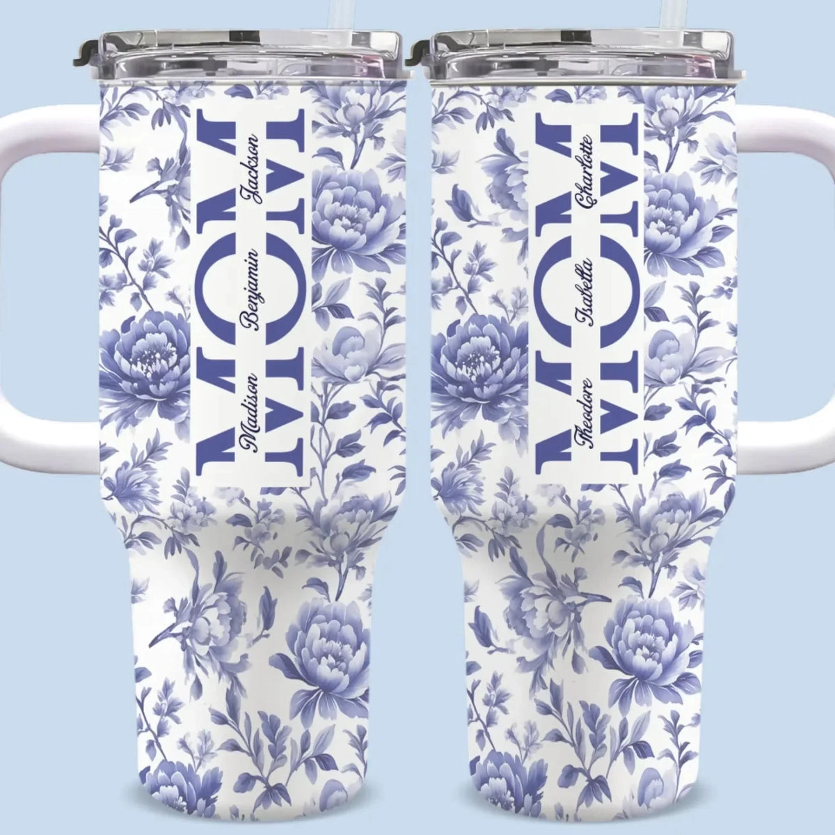 Her Name, Etched in Petals and Heart - Family Name Customized 40Oz Insulated Tumbler with Handle - Mother's Day, Gift For Mom, Daughter