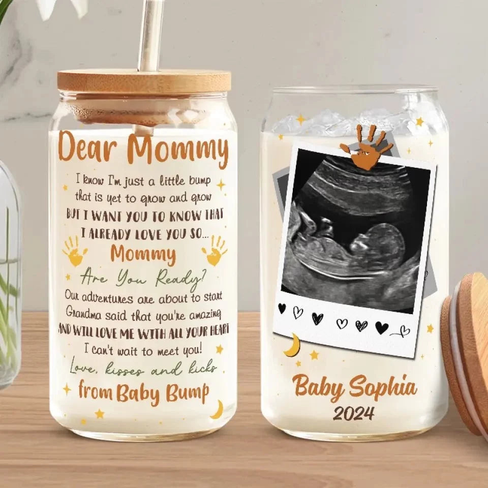 Custom Photo Looking Forward to Meeting You - Customizable Family Glass Cup for Cold Beverages - Mother's Day, Baby Shower Gift, Gift For First Mom