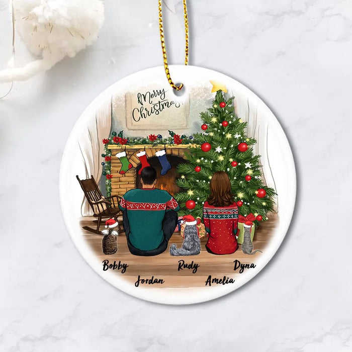 Cat Ornaments Christmas - Personalized Cat Christmas Ceramic Ornament (Printed On Both Sides) - Cat & Couple - 2412