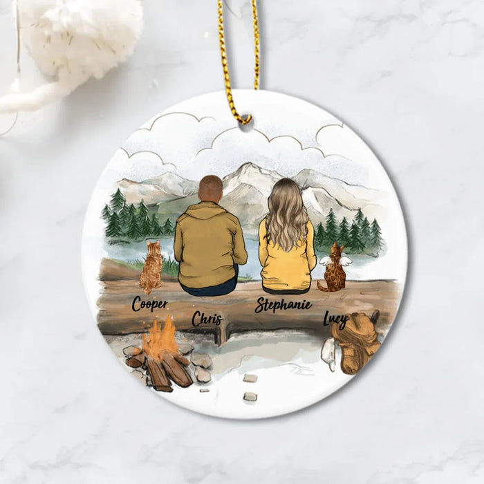 Personalized cat Christmas Ceramic Ornament gift for cat lovers (PRINTED ON BOTH SIDES) - CAT & COUPLE - Mountain - Hiking - 2408