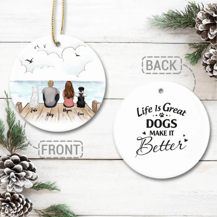 Personalized Ceramic Ornament gifts for dog lovers (2 sides 2 designs) - DOG & COUPLE - Custom Message - Wooden Dock