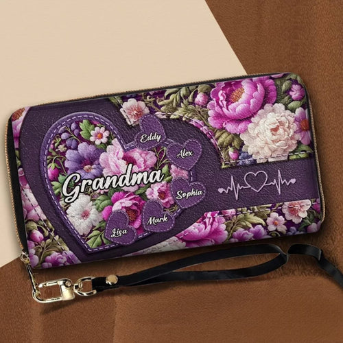 A Grandma’s Hug Makes Everything Bloom - Customizable Family Leather Long Wallet - Heartfelt Mother's Day Gifts for Mom and Grandma