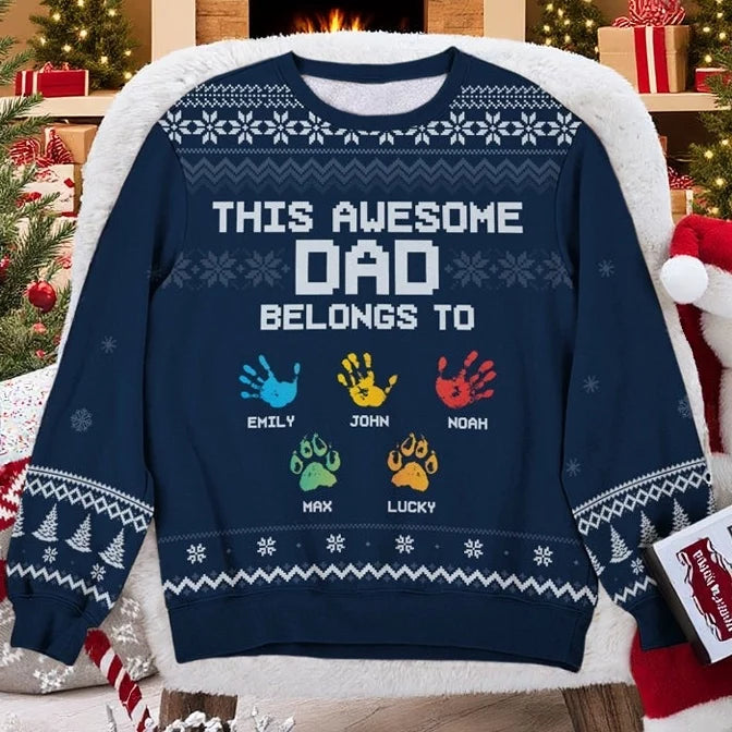 Proud Dad Of These Amazing Kids - Personalized Unisex Ugly Christmas Sweater, Full-Print Wool Sweatshirt, Holiday - Father's day, Christmas Gift, Gift for Dad, Grandpa