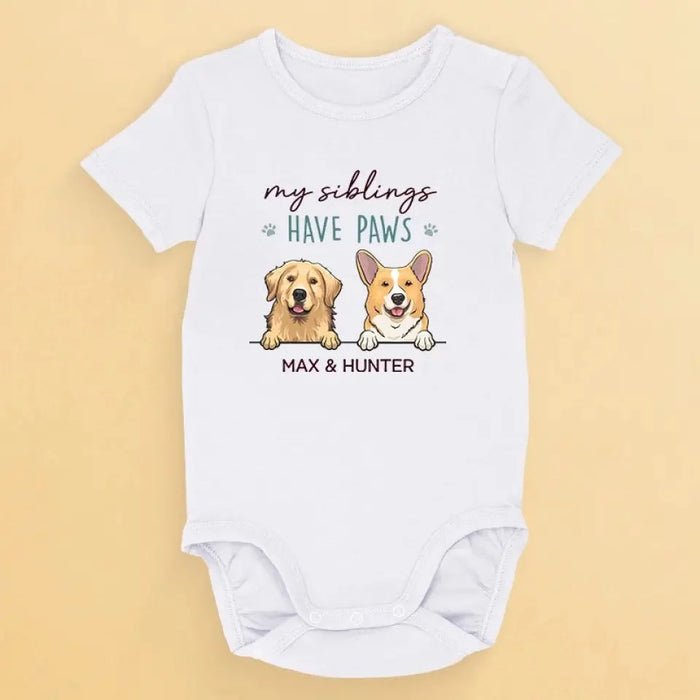 I Have a Sibling with Paws - Custom Baby Onesie Featuring Personalized Dog Designs - Perfect gift for baby showers, tailored for pet lovers and pet owners