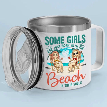Beach Girls: Born to Shine by the Shore – Personalized 14oz Stainless Steel Tumbler with Handle for Best Friends – For Best Friends & Sisters