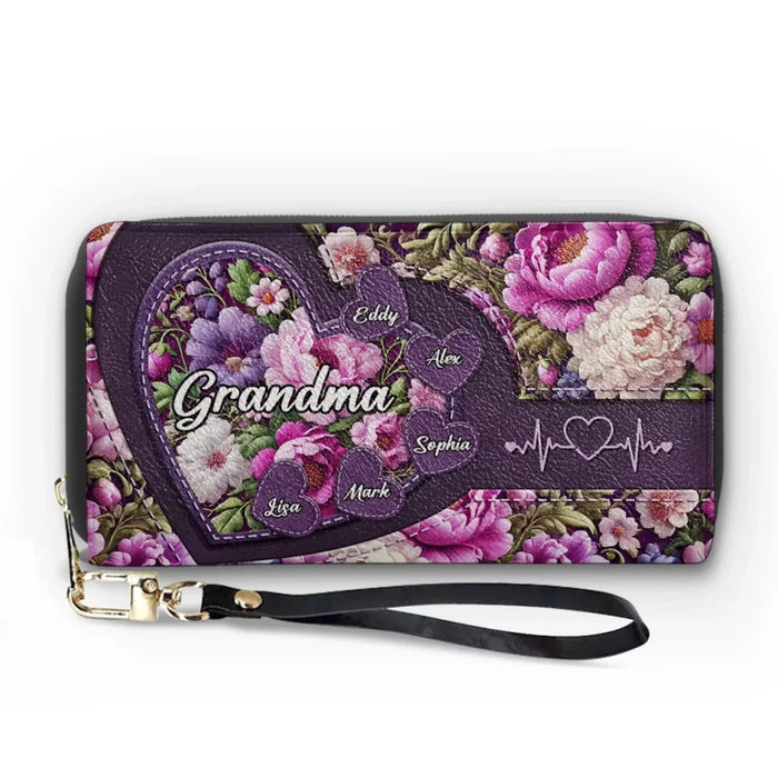 A Grandma’s Hug Makes Everything Bloom - Customizable Family Leather Long Wallet - Heartfelt Mother's Day Gifts for Mom and Grandma