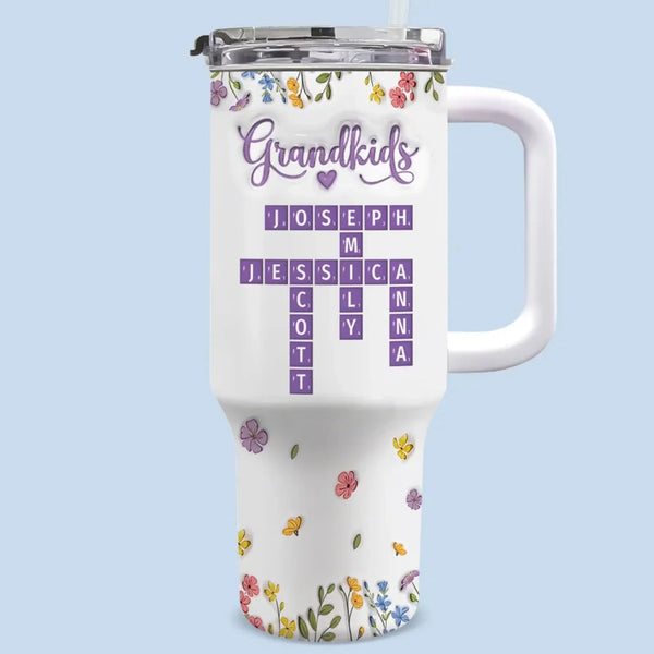 Crosswords of the Heart - Family Name Customized 40Oz Insulated Tumbler with Handle - Mother's Day, Gift For Mom, Daughter