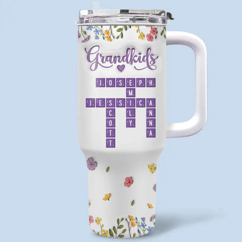 Crosswords of the Heart - Family Name Customized 40Oz Insulated Tumbler with Handle - Mother's Day, Gift For Mom, Daughter