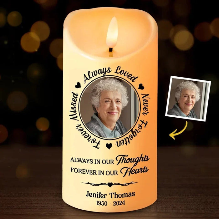 Custom Photo In Our Thoughts Today, Tomorrow, and Always - Light a Memory with a Custom LED Candle - A Special Christmas Gift of Comfort for Family