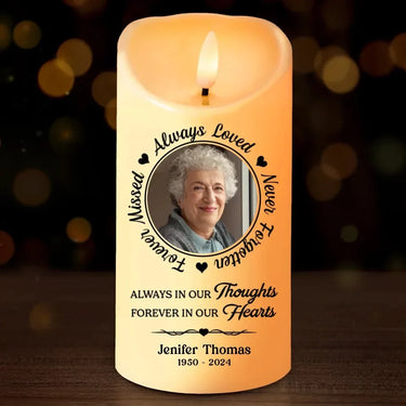 Custom Photo In Our Thoughts Today, Tomorrow, and Always - Light a Memory with a Custom LED Candle - A Special Christmas Gift of Comfort for Family