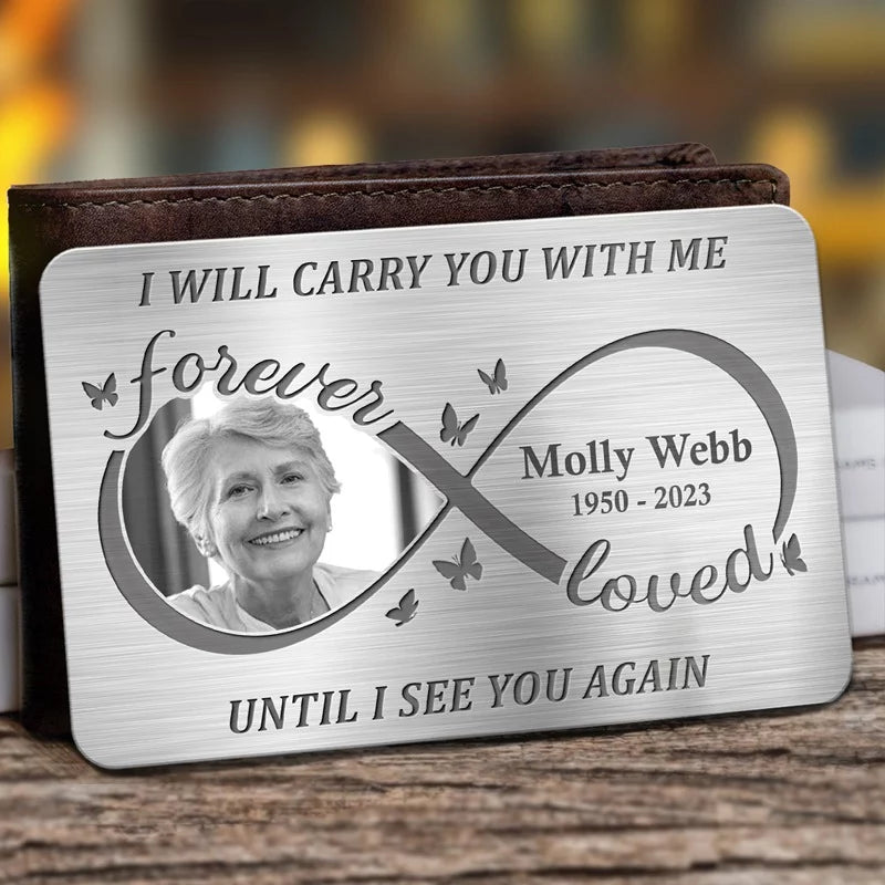 Custom Photo You Live in My Thoughts and Heart Always - Personalized Memorial Aluminum Wallet Card - A Meaningful Tribute for Family Members