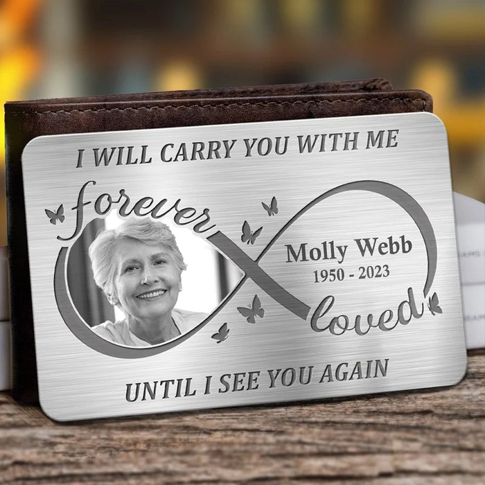 Custom Photo You Live in My Thoughts and Heart Always - Personalized Memorial Aluminum Wallet Card - A Meaningful Tribute for Family Members