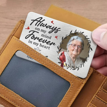 Custom Photo Forever in My Thoughts - Personalized Memorial Aluminum Wallet Card - A Meaningful Tribute for Family Members