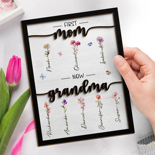 A Journey: From Mom to Grandma - Beautiful Personalized Family Wooden Plaque with Stand (2 Layers) - Gift For Mom, Grandma, Mother's Day