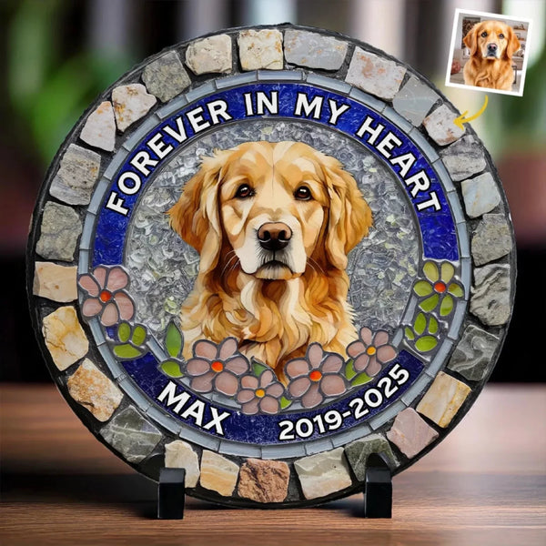 Custom Photo Gone But Not Forgotten - Custom Round Memorial Stone with 3D Mosaic Faux Stained Glass Effect - Memorial Gift for Pet Owners, Pet Lovers