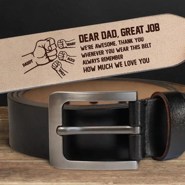 Amazing Effort, We Rock! - Personalized Leather Belt with Custom Family Engraving- The Best Father’s Day Gift for Dad and Grandpa