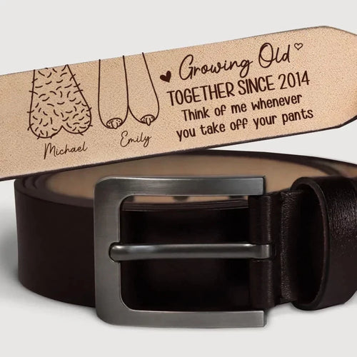 Aging with Love and Laughter - Customizable Couple’s Leather Belt with Engraving – Perfect Anniversary Gift for Husband or Boyfriend