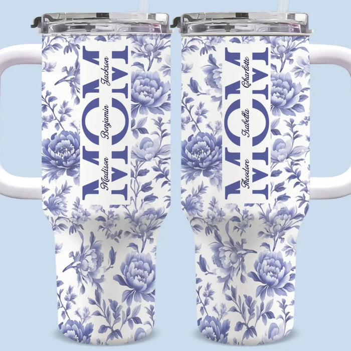 Her Name, Etched in Petals and Heart - Family Name Customized 40Oz Insulated Tumbler with Handle - Mother's Day, Gift For Mom, Daughter