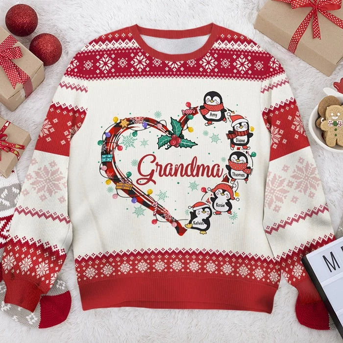 Waddling with Love: Mom and Grandma’s Penguins - Personalized Unisex Ugly Christmas Sweater, Full-Print Wool Sweatshirt, Holiday - Mother's day, Christmas Gift, Gift for Mom, Grandma