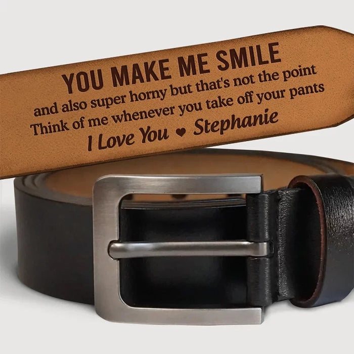 You Always Bring a Smile to My Face - Customizable Couple’s Leather Belt with Engraving – Perfect Anniversary Gift for Husband or Boyfriend