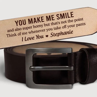 You Always Bring a Smile to My Face - Customizable Couple’s Leather Belt with Engraving – Perfect Anniversary Gift for Husband or Boyfriend