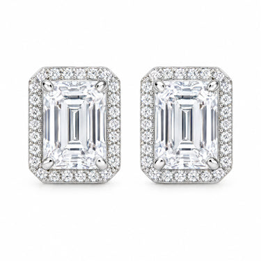 Elara Emerald Cut Halo Stud Earrings