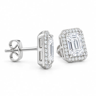 Elara Emerald Cut Halo Stud Earrings
