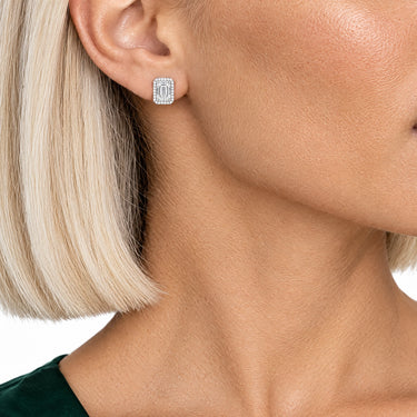 Elara Emerald Cut Halo Stud Earrings