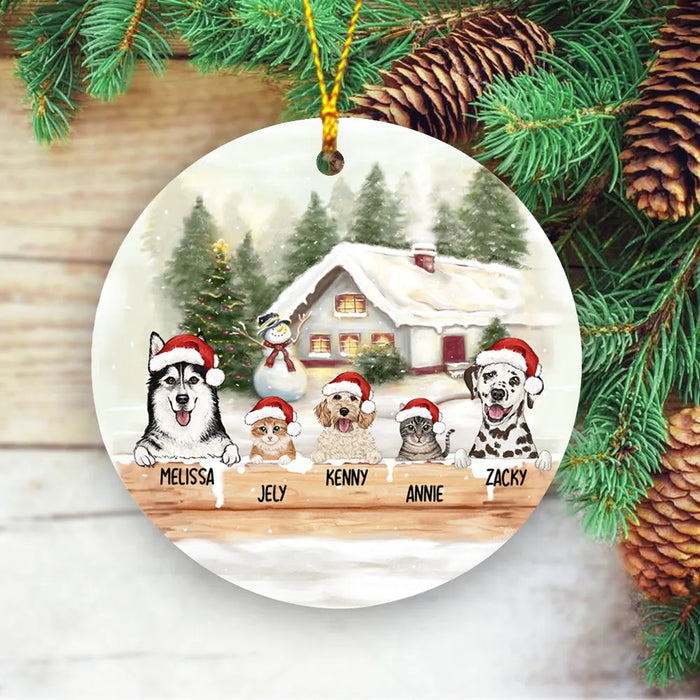 Personalized Ceramic Ornament  gifts for dog cat lovers - Christmas Wooden Fence