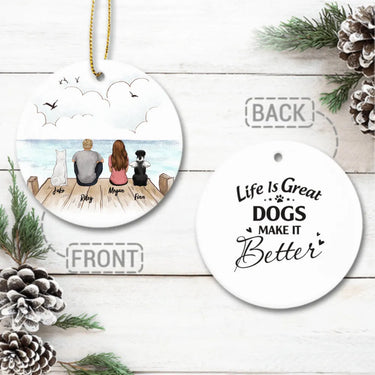 Personalized Ceramic Ornament gifts for dog lovers (2 sides 2 designs) - DOG & COUPLE - Custom Message - Wooden Dock