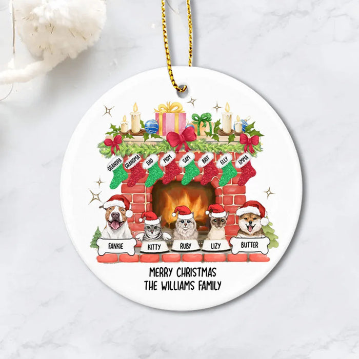 Personalized Christmas Fireplace Ceramic Ornament - Family Stockings & Dogs Cats