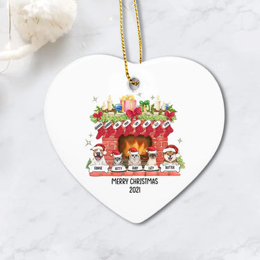 Personalized Christmas Fireplace Ceramic Ornament - Family Stockings & Dogs Cats