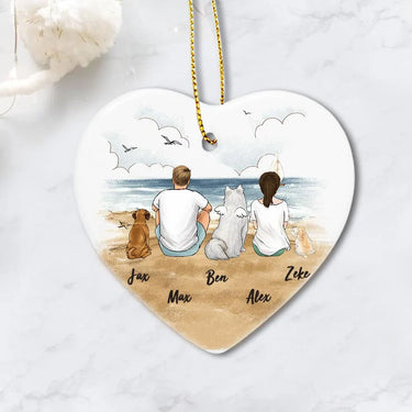 Personalized Dog & Couple Beach Christmas Ceramic Ornament - Christmas Dog Ornaments - Dog & Dog Owners (Printed On Both Sides)