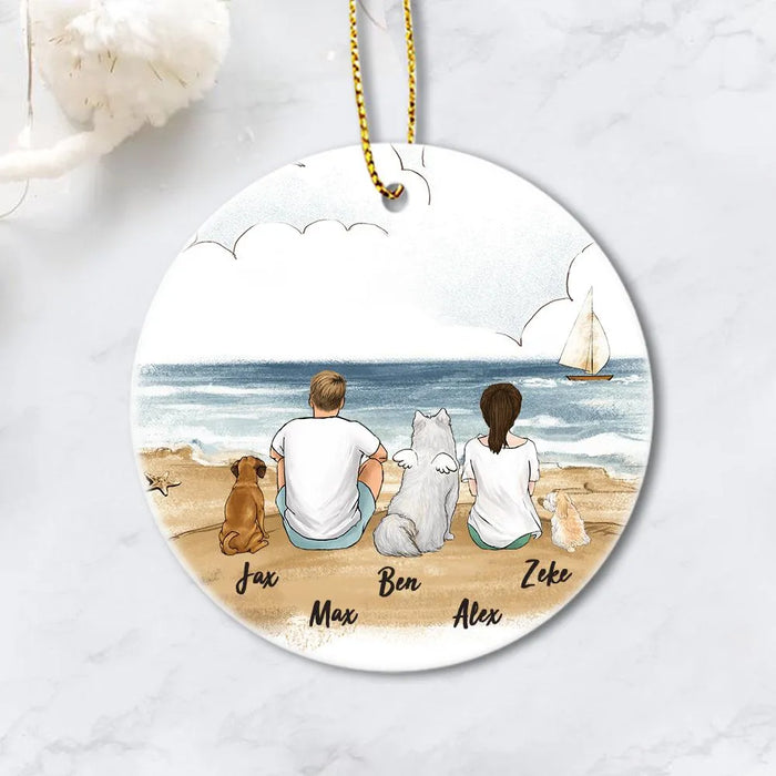 Personalized Dog & Couple Beach Christmas Ceramic Ornament - Christmas Dog Ornaments - Dog & Dog Owners (Printed On Both Sides)