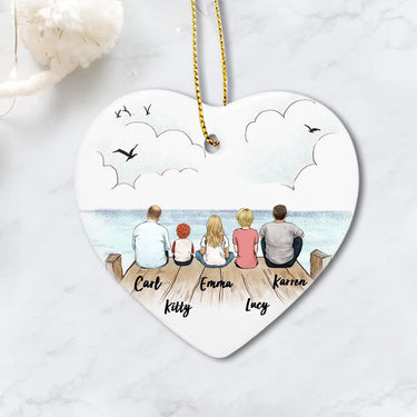 Personalized family Christmas Ceramic Ornaments gifts for the whole family (PRINTED ON BOTH SIDES) - UP TO 5 PEOPLE - Wooden dock - 2426