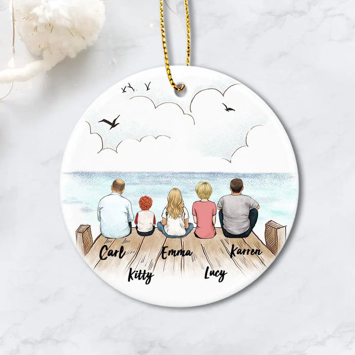 Personalized family Christmas Ceramic Ornaments gifts for the whole family (PRINTED ON BOTH SIDES) - UP TO 5 PEOPLE - Wooden dock - 2426