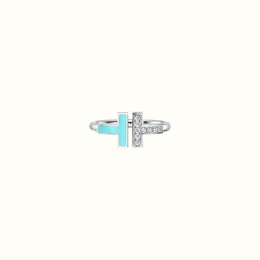 T Narrow White Turquoise Inlay Pavé Ring