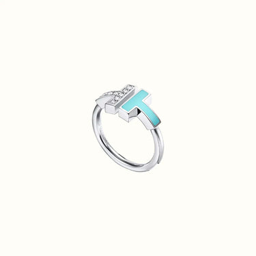 T Narrow White Turquoise Inlay Pavé Ring