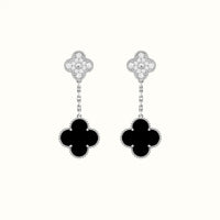 Vintage Alhambra White Black Pavé Drop Clover Earrings