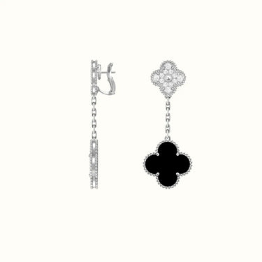 Vintage Alhambra White Black Pavé Drop Clover Earrings