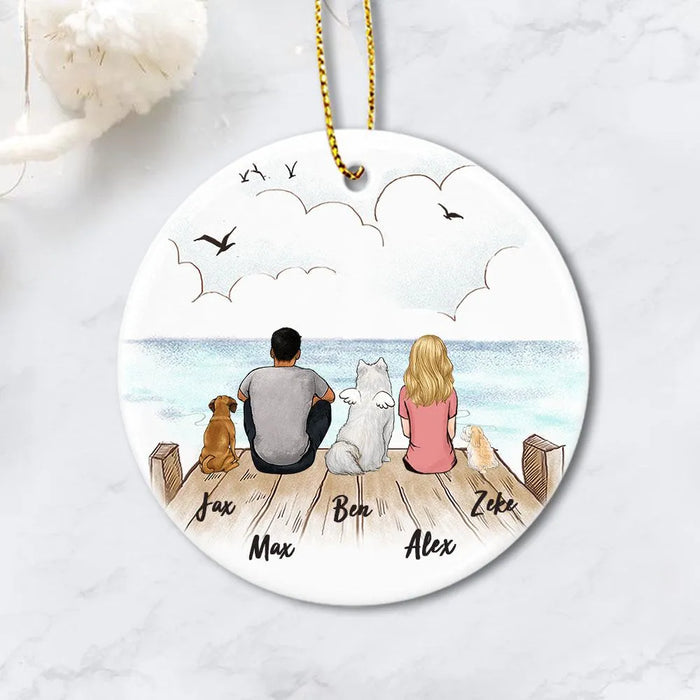 Wooden Dock Dog Ornament - Dog Ornaments - Dog & Owner Ceramic Ornament - Gifts For Dog Lovers (Printed On Both Sides) - Dog & Couple