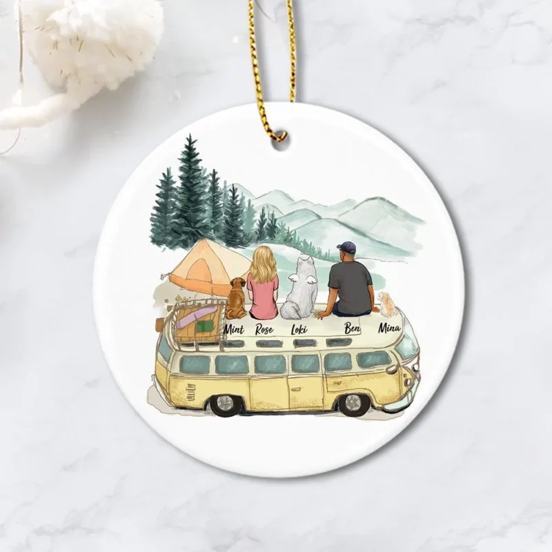 personalized dog christmas ceramic ornament gifts for dog lovers printed on both sides dog couple camping 2355 kyaog